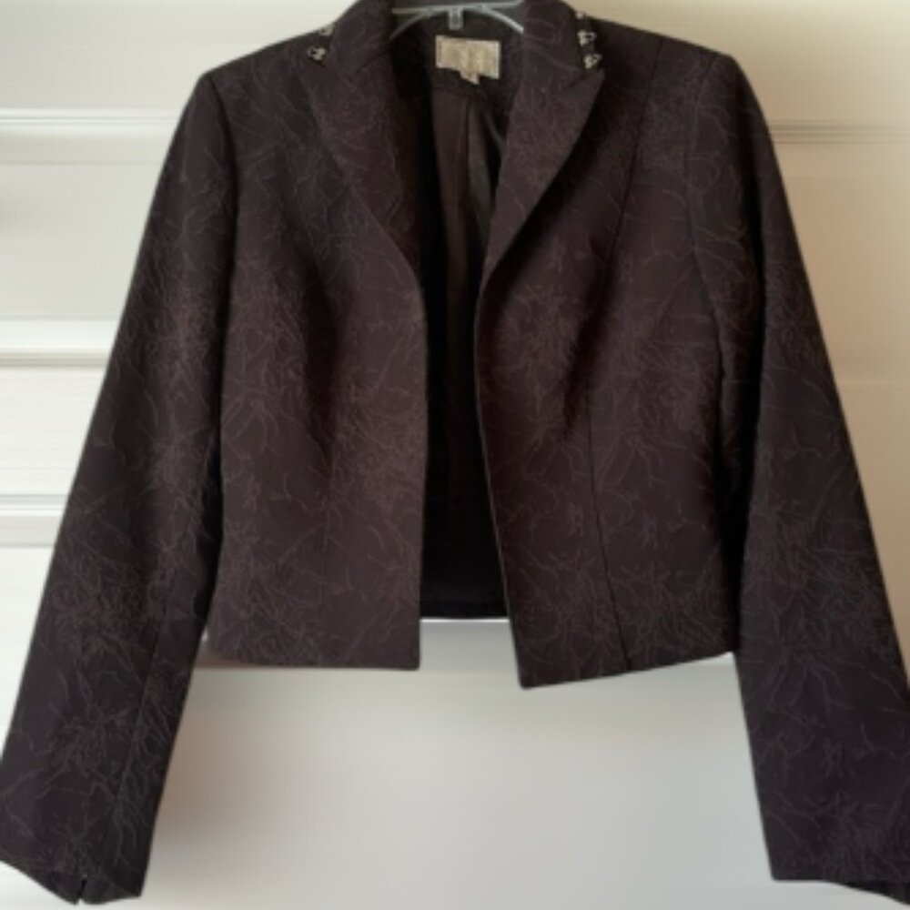 Alberto Makali Dark Purple Textured Floral Cropped Blazer Hook Stud Details sz 4
